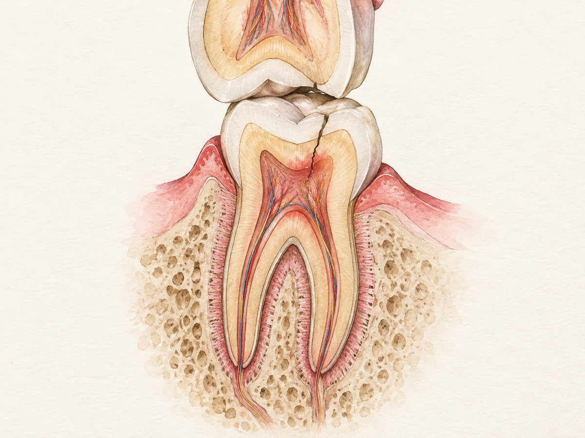 A cross-section of a tooth being pressed by its opposing tooth, revealing a hairline crack and the sensitive pulp and periodontal ligament inside, showing how biting pressure can reach deeper oral structures.