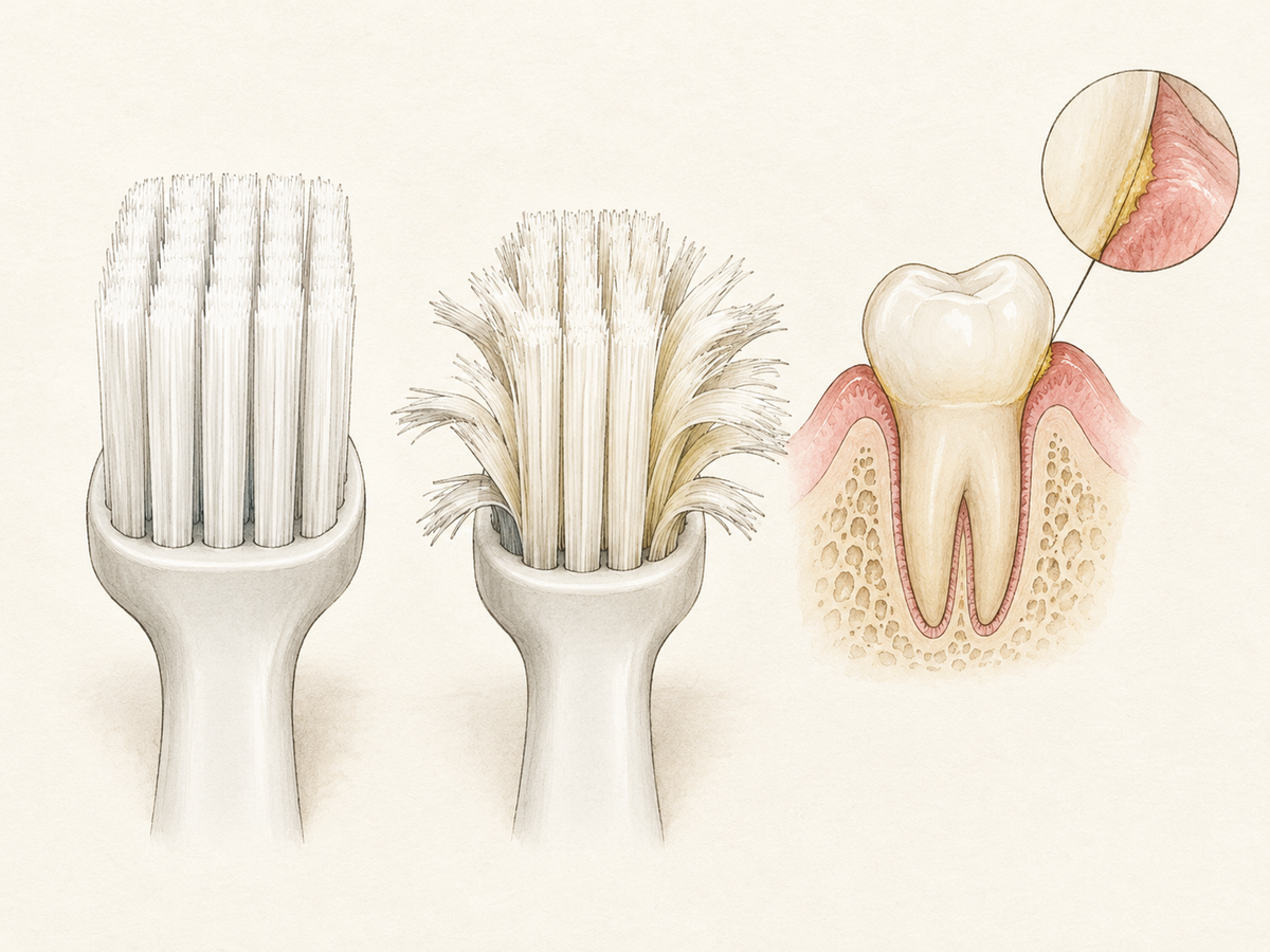 Two toothbrush heads side by side, one with straight upright bristles and one with outer bristles bent and splayed past the brush head base, beside a tooth cross-section showing plaque along the gumline where worn bristles clean poorly.