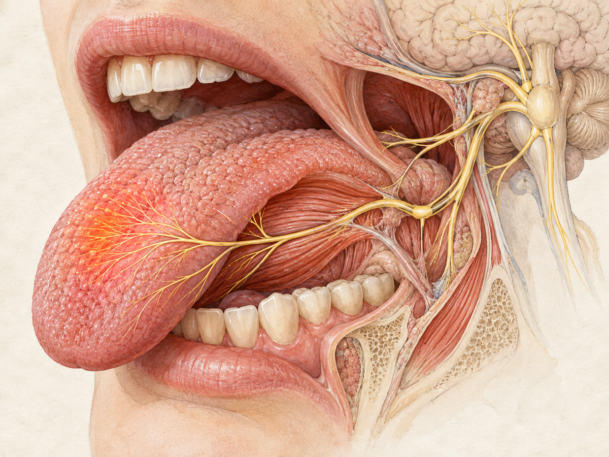 A cross-section of a human tongue inside the mouth, showing papillae, muscle, and sensory nerve fibers from the trigeminal nerve, with a subtle radiating glow on one side representing tingling sensation.