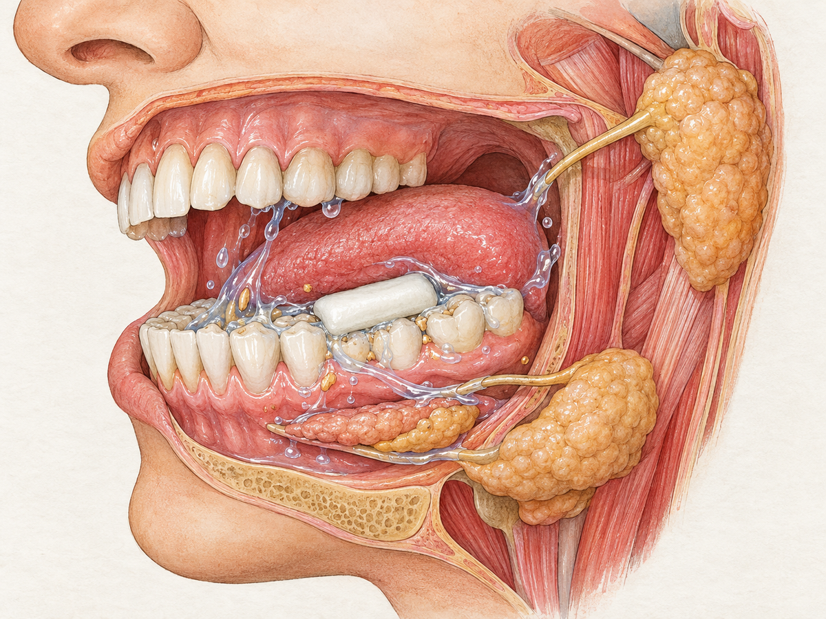 Cross-section of a mouth during chewing, with sugar-free gum between the teeth and salivary glands releasing saliva that rinses away food particles and helps clear acid around the enamel and gums.