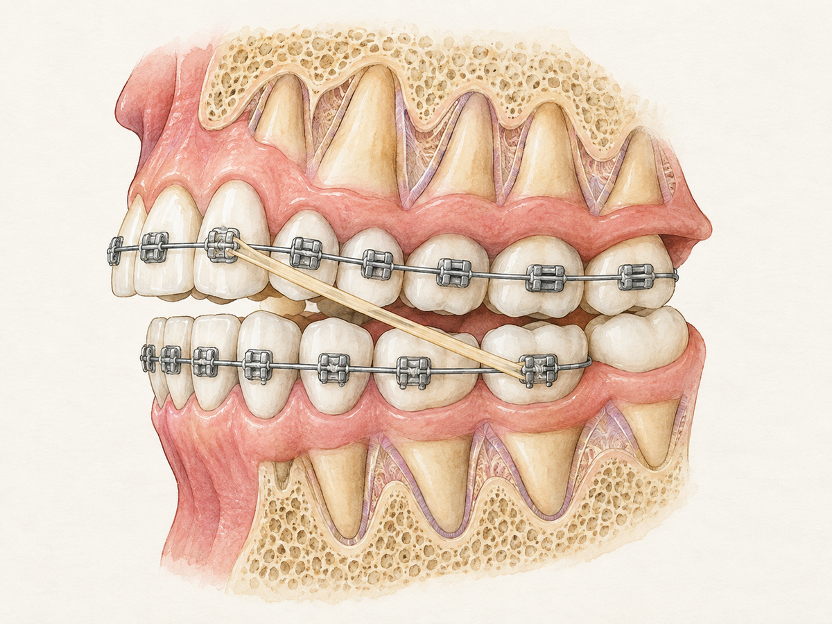 A side-view cross-section of upper and lower teeth, gums, and supporting bone with braces shows an elastic band stretched between upper and lower brackets, illustrating how orthodontic elastics apply gentle continuous force to guide the bite.