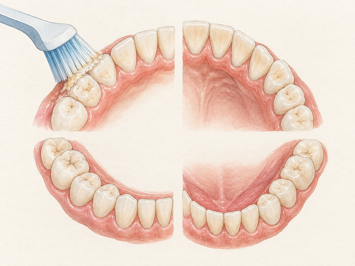 A soft toothbrush gently cleans one quadrant of a dental arch along the gumline, lifting a thin plaque film from ivory enamel while three other clean sections show the paced coverage of a two-minute brushing routine.
