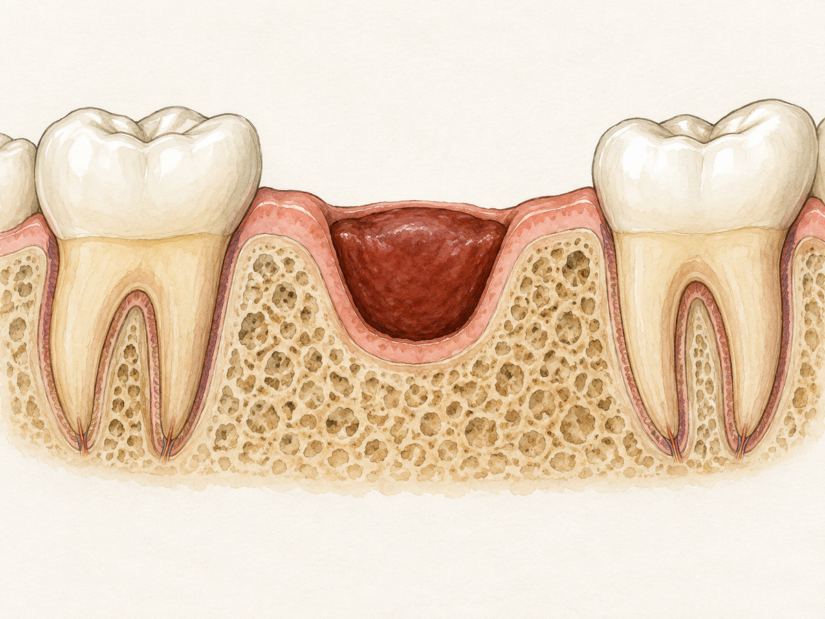 Cross-section of a jaw after tooth extraction shows the socket filled by a protective blood clot, bordered by pink gum tissue and bone with neighboring teeth, highlighting the fragile healing site that alcohol can disturb.
