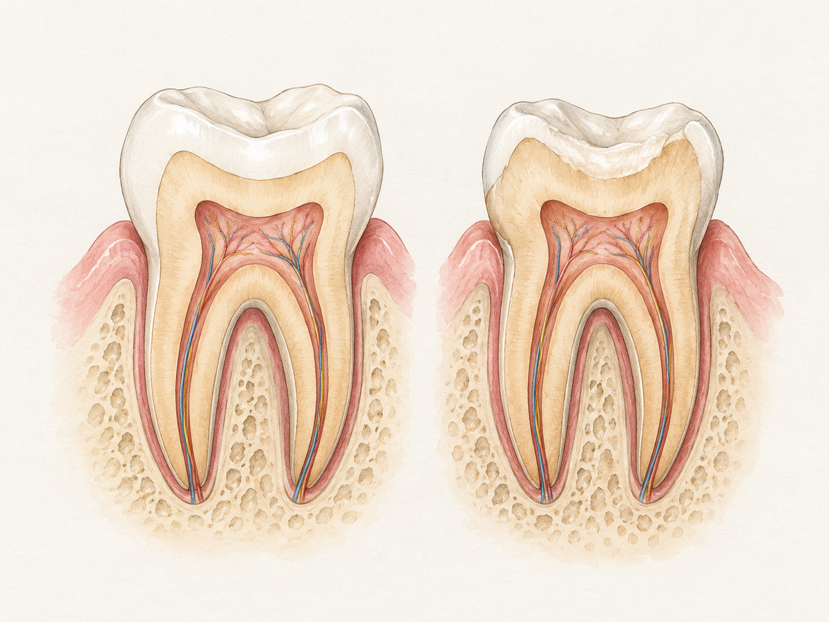 Two molar cross-sections compare intact thick enamel over dentin and pulp with a tooth whose enamel is thinned and worn, showing how enamel loss exposes the more sensitive inner tooth layers.